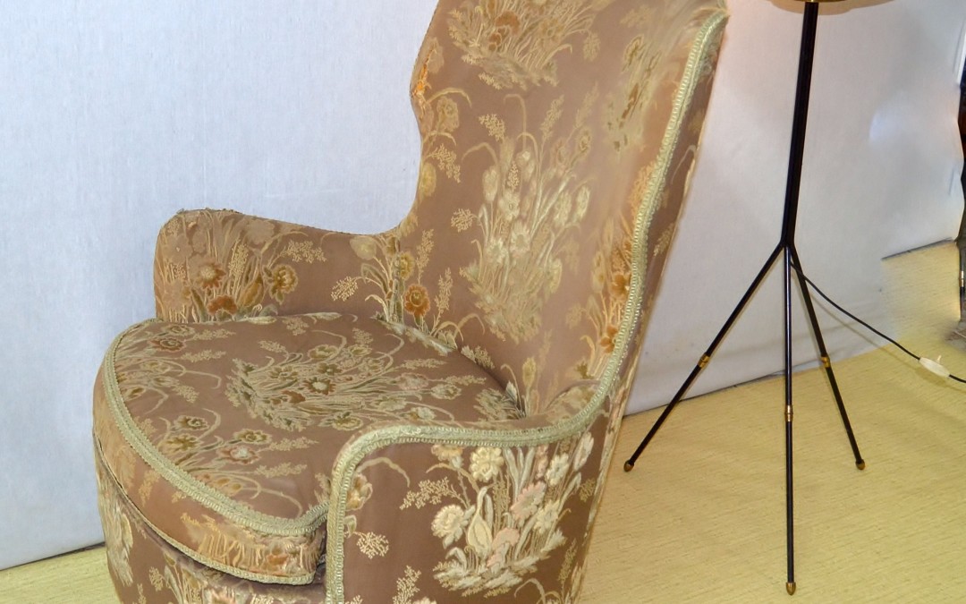 Poltrona armchair legno e tessuto design Bega Melchiorre anni 40 modernariato